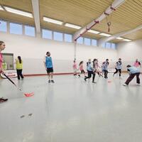 Schülerinnen und Schüler beim gemeinsamen Floorball-Spiel in einer Turnhalle, Inklusionsprojekt in Oberwart